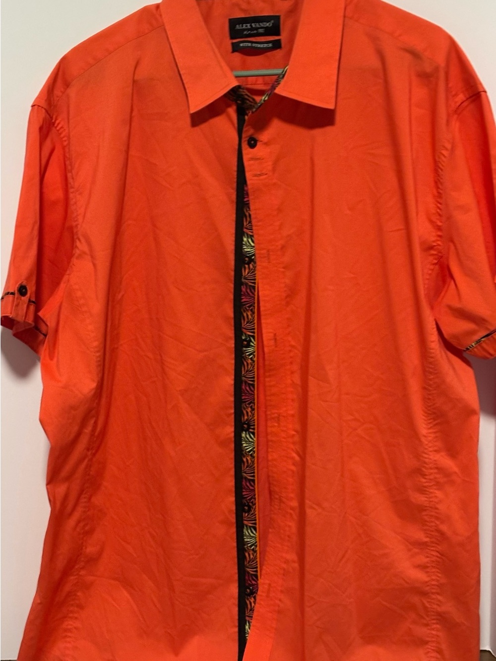 Alex Vando Orange Short Sleeve Button-Up Shirt with tropical accents